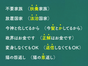 不要家族（扶養家族）/放置国家（法治国家）/今神と化してるから（今髪とかしてるから）/政界はお金です（正解はお金です）/変身しなくてもOK（返信しなくてもOK）/猫の怨返し（猫の恩返し）