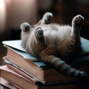 Text to Image by Bing powered by DALL·E（a photo of cat, belly trap, on books）