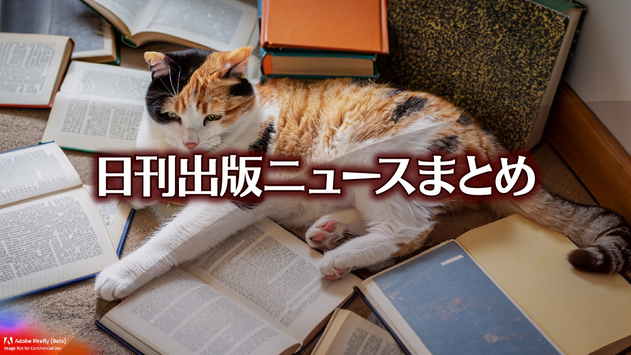 Text to Image by Adobe Firefly(beta) for non-commercial use（A Calico cats lying on its stomach on top of books scattered all over the floor）