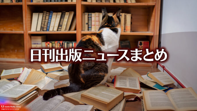 Text to Image by Adobe Firefly(beta) for non-commercial use（Back view of a calico cat sitting on books scattered all over the floor and staring at a bookshelf）