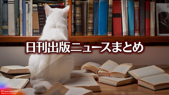 Text to Image by Adobe Firefly(beta) for non-commercial use（Back view of a solid white cat sitting on books scattered all over the floor and staring at a bookshelf）