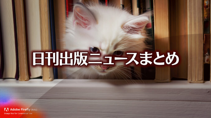 Text to Image by Adobe Firefly(beta) for non-commercial use（1匹の 白い長毛の子猫が 本の詰まった棚の隙間から 下を覗いている様子を 見上げる構図）