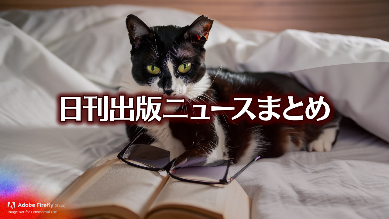 Text to Image by Adobe Firefly(beta) for non-commercial use（ベッドの上で 本を読んでいた 白黒斑猫が メガネを外して こっちを見ている）