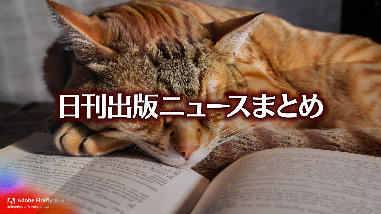 Text to Image by Adobe Firefly(beta) for non-commercial use（開いた本の上で 寝ている 赤茶縞の猫）