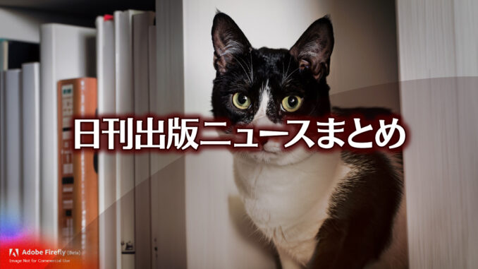 Text to Image by Adobe Firefly(beta) for non-commercial use（本棚の一角で 座って正面を見ている 白黒斑猫）