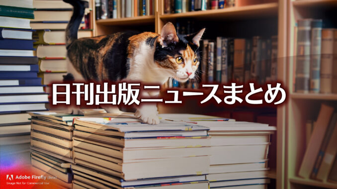 Text to Image by Adobe Firefly(beta) for non-commercial use（書店で 平積みされた 本の上を 歩いている 三毛猫）