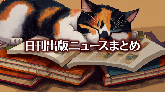 Text to Image by Adobe Firefly（山のように積まれた本の頂きで寝る三毛猫のイラスト）