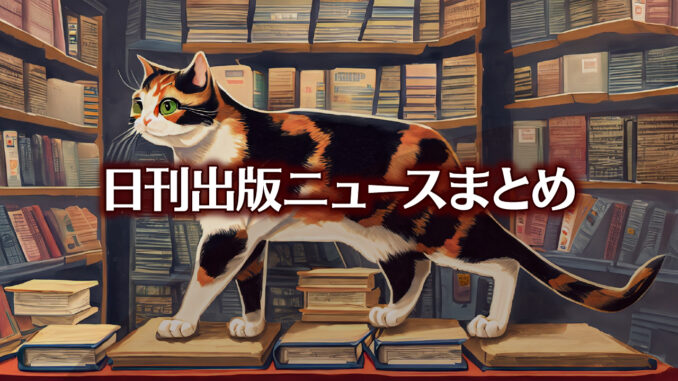 Text to Image by Adobe Firefly（書店の店頭で平積みされた本の上を歩く三毛猫のイラスト）
