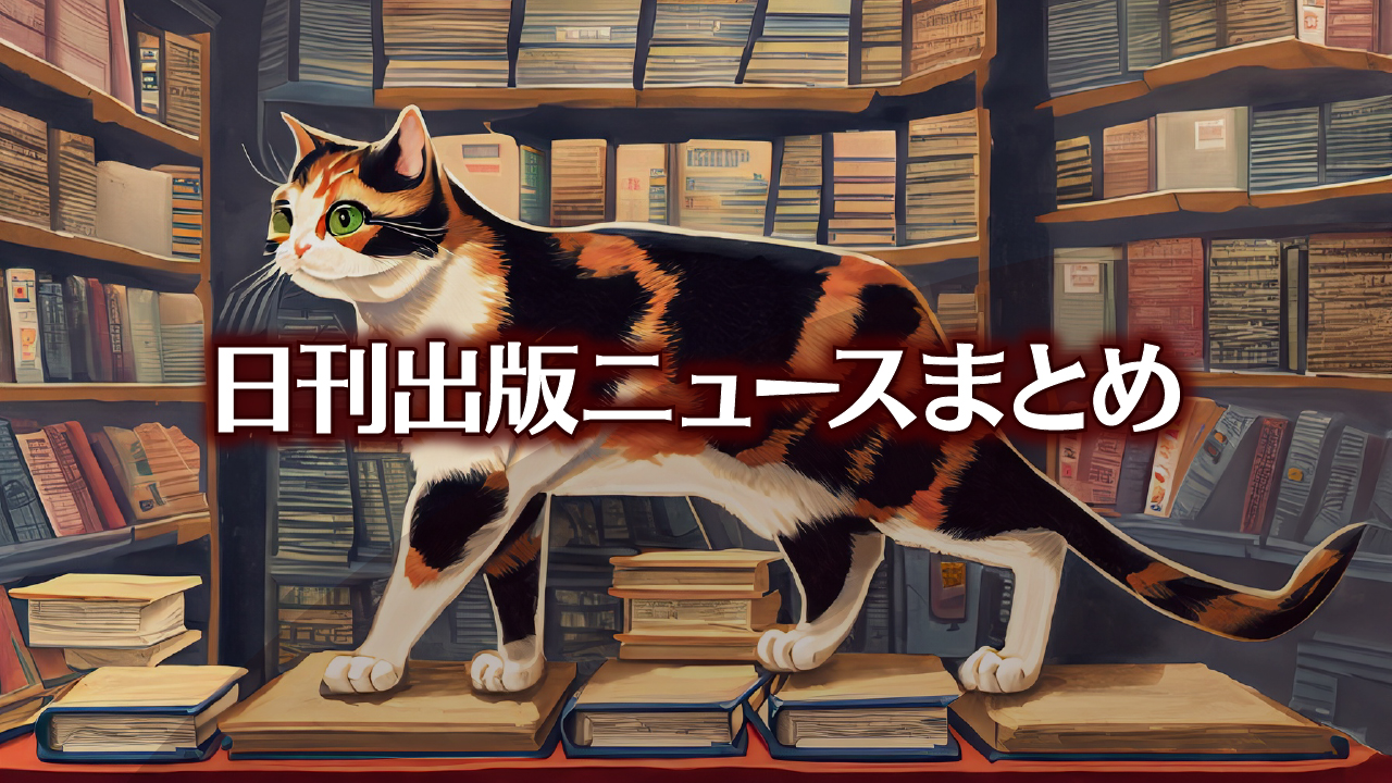 Text to Image by Adobe Firefly（書店の店頭で平積みされた本の上を歩く三毛猫のイラスト）