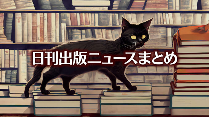 Text to Image by Adobe Firefly（書店の店頭で平積みされた本の上を歩く黒猫のイラスト）