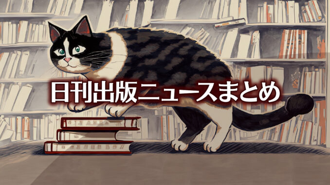 Text to Image by Adobe Firefly（書店の店頭で平積みされた本の上を歩く白黒猫のイラスト）