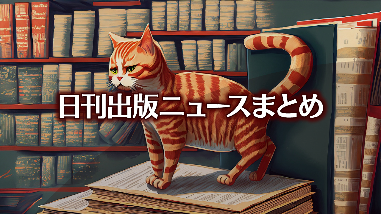 Text to Image by Adobe Firefly（書店の店頭で平積みされた本の上を歩く赤縞猫のイラスト）