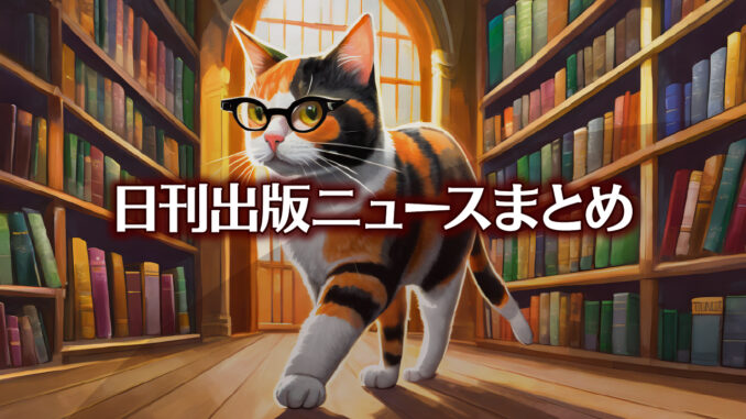 Text to Image by Adobe Firefly Image 2 Model（本の詰まった大きな本棚の前を左に向かって歩いているメガネをかけた三毛猫のポップなイラスト）