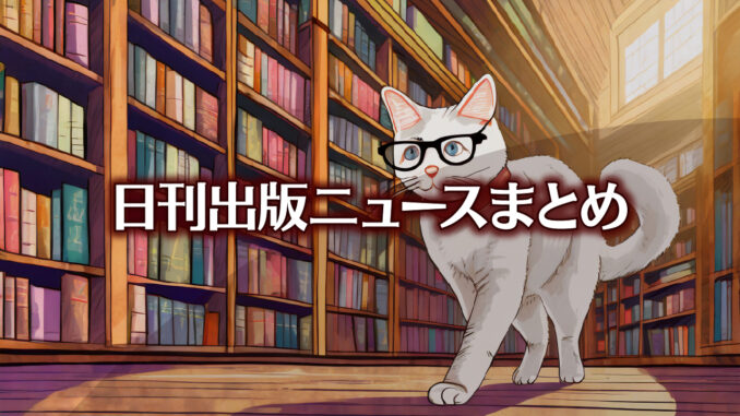 Text to Image by Adobe Firefly Image 2 Model（本の詰まった大きな本棚の前を左に向かって歩いているメガネをかけた白猫のポップなイラスト）