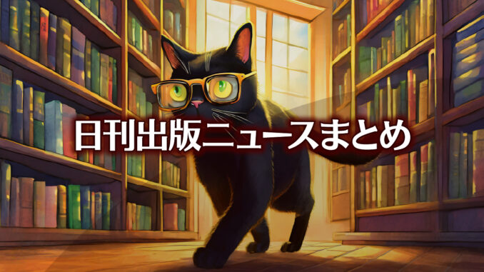 Text to Image by Adobe Firefly Image 2 Model（本の詰まった大きな本棚の前を左に向かって歩いているメガネをかけた黒猫のポップなイラスト）