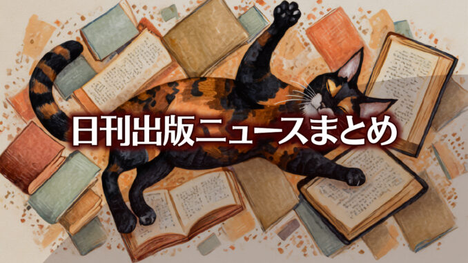 Text to Image by Adobe Firefly Image 2 Model（床一面に散らばったたくさんの本の上で仰向けに寝転んでいる1匹の黒と茶のまだら模様の猫のイラスト）