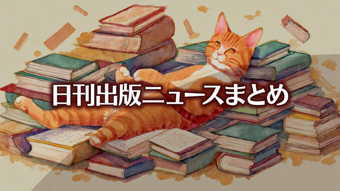 Text to Image by Adobe Firefly Image 2 Model（床一面に散らばったたくさんの本の上で仰向けに寝転んでいるレッドタビー猫のイラスト）