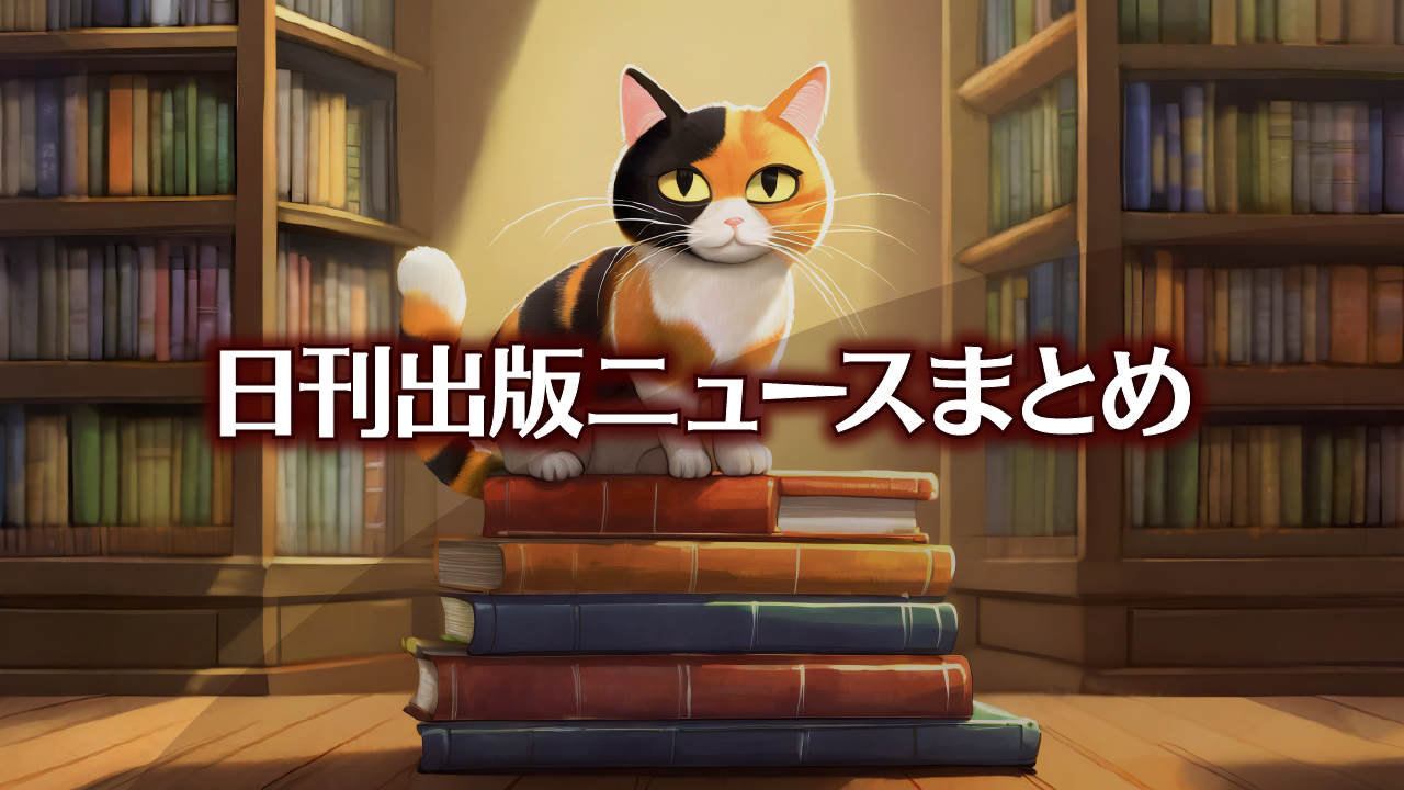 Text to Image by Adobe Firefly Image 2 Model（床へ平積みされた本の山の頂上に座っている三毛猫と大きな本棚を横から見たイラスト）