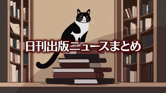 Text to Image by Adobe Firefly Image 2 Model（床へ平積みされた本の山の頂上に座っている黒と白のツートン猫と大きな本棚を横から見たイラスト）