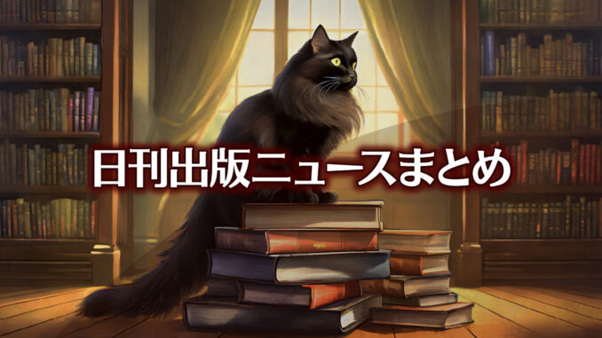 Text to Image by Adobe Firefly Image 2 Model（床へ平積みされた本の山の頂上に座っている長毛の黒猫と大きな本棚を横から見たイラスト）