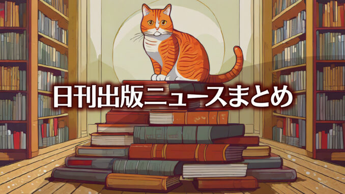 Text to Image by Adobe Firefly Image 2 Model（床へ平積みされた本の山の頂上に座っている赤縞猫と大きな本棚を横から見たイラスト）