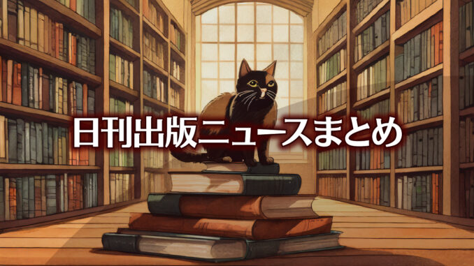 Text to Image by Adobe Firefly Image 2 Model（床へ平積みされた本の山の頂上に座っている黒と茶のまだら模様の猫と大きな本棚を横から見たイラスト）