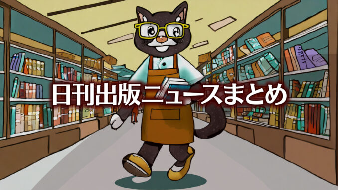エプロンを着けて二足歩行する眼鏡をかけた黒と茶のまだら模様の猫の書店員が本を持って店内を歩いているカラーイラスト