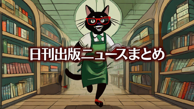 Text to Image by Adobe Firefly Image 2 Model（緑のエプロンを着けて赤い縁の眼鏡をかけた黒猫の書店員が本を抱えて店内を二足走行している姿を横から見たイラスト）