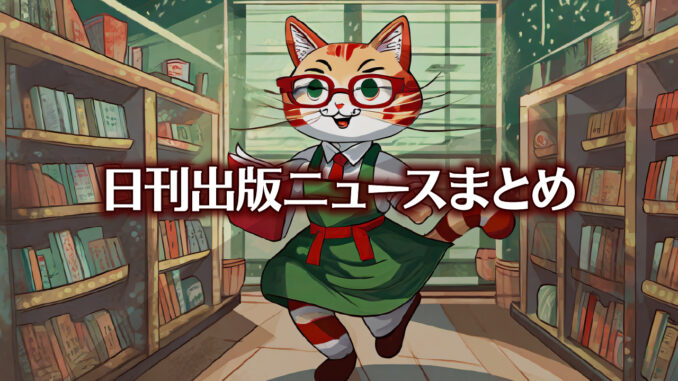 Text to Image by Adobe Firefly Image 2 Model（緑のエプロンを着けて赤い縁の眼鏡をかけた赤縞猫の書店員が本を抱えて店内を二足走行している姿を横から見たイラスト）