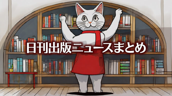 Text to Image by Adobe Firefly Image 2 Model（赤いエプロンを着けた白猫の書店員が二本足で立ち片手を本棚に伸ばしている姿を後ろから見たイラスト）