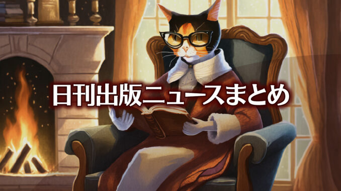 暖炉の前で安楽椅子に座って本を読んでいる黒縁眼鏡をかけてガウンを羽織った人型三毛猫のイラスト