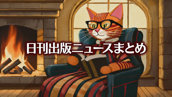 Text to Image by Adobe Firefly Image 2 Model（暖炉の前で安楽椅子に座って本を読んでいる黒縁眼鏡をかけてガウンを羽織った人型赤縞猫のイラスト）