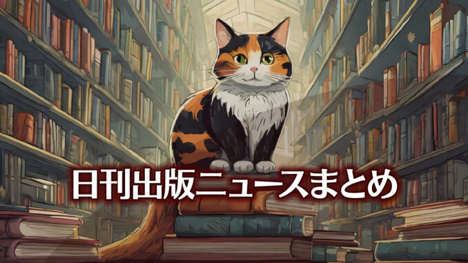 Text to Image by Adobe Firefly Image 2 Model（書店の床に山積みされた本の頂きに三毛猫が座っているイラスト）