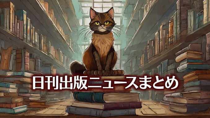 Text to Image by Adobe Firefly Image 2 Model（書店の床に山積みされた本の頂きに茶黒猫が座っているイラスト）