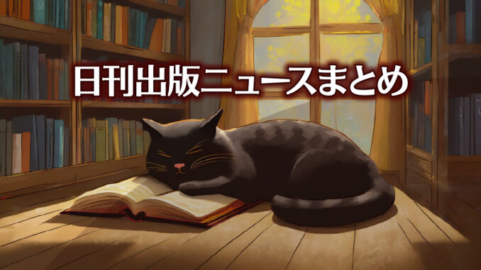 Text to Image by Adobe Firefly Image 2 Model（本棚の前の床の上で開いた本を枕にして寝ている太った黒猫のイラスト）