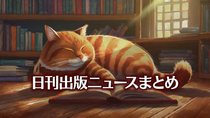 Text to Image by Adobe Firefly Image 2 Model（本棚の前の床の上で開いた本を枕にして寝ている太った赤縞猫のイラスト）