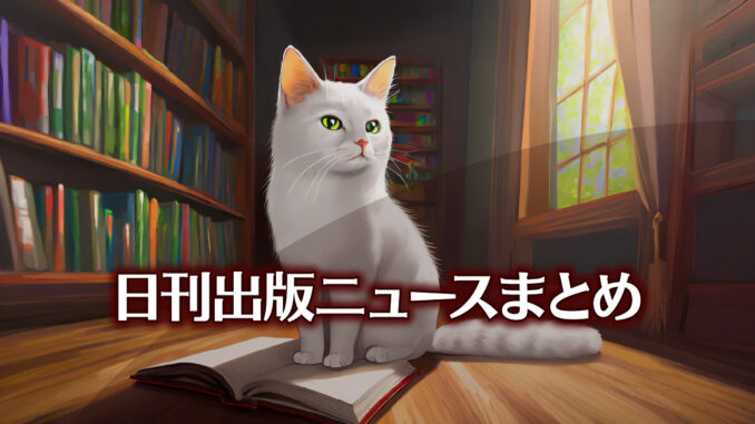 Text to Image by Adobe Firefly Image 2 Model（本棚の前の床に座って斜め前方に開いて置かれた本を横目で眺めている白猫のイラスト）