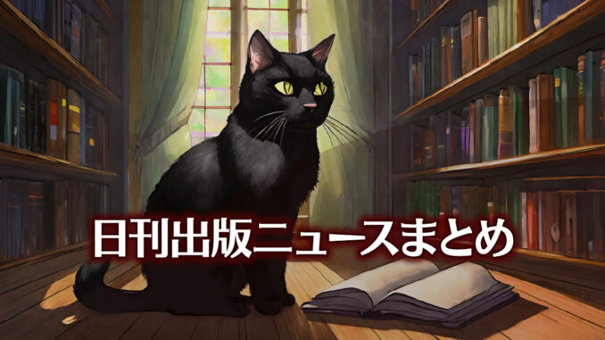 Text to Image by Adobe Firefly Image 2 Model（本棚の前の床に座って斜め前方に開いて置かれた本を横目で眺めている黒猫のイラスト）