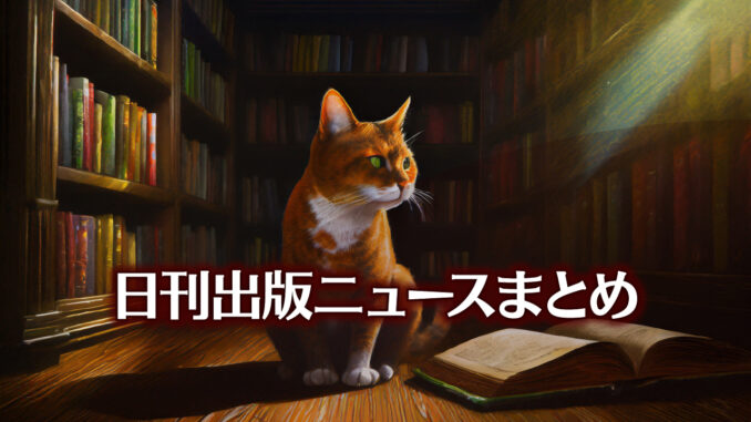 Text to Image by Adobe Firefly Image 2 Model（本棚の前の床に座って斜め前方に開いて置かれた本を横目で眺めているサビ猫のイラスト）