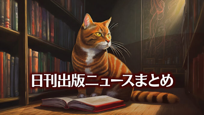 Text to Image by Adobe Firefly Image 2 Model（本棚の前の床に座って斜め前方に開いて置かれた本を横目で眺めている赤縞猫のイラスト）