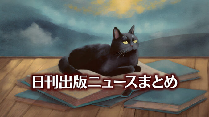 Text to Image by Adobe Firefly Image 2 Model（フローリングの床一面に散らばった本の上でお腹を天に向けて寝転がっている黒猫のイラスト）