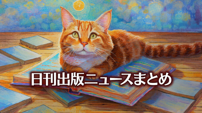Text to Image by Adobe Firefly Image 2 Model（フローリングの床一面に散らばった本の上でお腹を天に向けて寝転がっている赤茶縞猫のイラスト）
