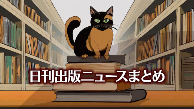 Text to Image by Adobe Firefly Image 2 Model（書店の店頭で表紙を上にして平台の上に平積み陳列された本の上に座っている茶黒猫のイラスト）