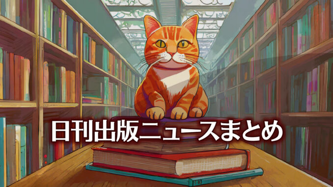 Text to Image by Adobe Firefly Image 2 Model（書店の店頭で表紙を上にして平台の上に平積み陳列された本の上に座っている赤縞猫のイラスト）