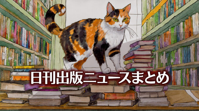 Text to Image by Adobe Firefly Image 2 Model（本屋の店内にある高さ50cmくらいの台の上に積まれた書籍がたくさんきれいに整理された状態で陳列された上を歩いている三毛猫のイラスト）