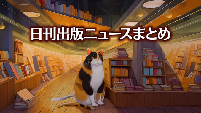 Text to Image by Adobe Firefly Image 2 Model（書店の床に座ってこちらを見ている太った猫のイラスト）