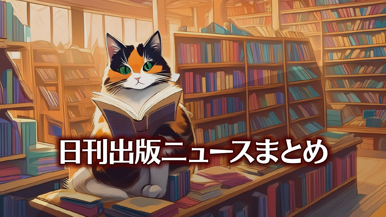 Text to Image by Adobe Firefly Image 3 Model（書店で本を手に持って読んでいる三毛猫のイラスト）