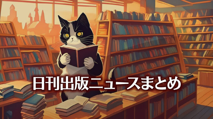 Text to Image by Adobe Firefly Image 3 Model（書店で本を手に持って読んでいる白黒猫のカラーイラスト）